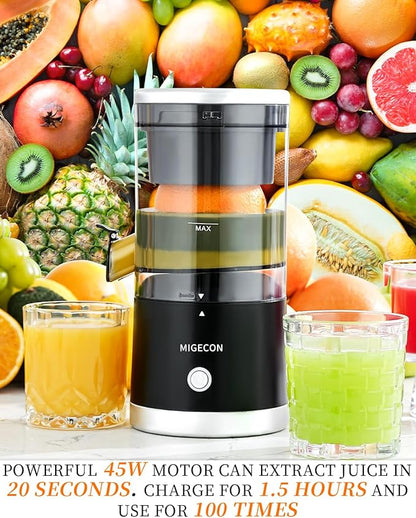 MIGECON Electric Citrus Juicer, Rechargeable Orange Juicer Squeezer with USB and Cleaning Brush, Portable Electric Juicer Machine, for Lemons, Limes, and Grapefruit, Black