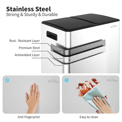 mVm 10.6(2x5.3) Gal Dual Trash Can, Kitchen Trash Can with ABS Lids, 2 Compartment Stainless Steel Recycle Bin for Home Kitchen Office (Silver)