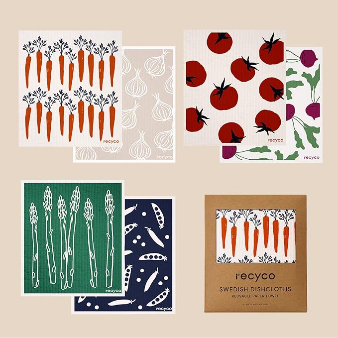 RECYCO Swedish Dishcloths for Kitchen | 6 Packs Veggie Melody Washable Dish Rags | Cellulose Reusable Cleaning Paper Towels | Absorbent Counter Dish Cloth Sponge Kitchen Wipes, 8" L x 7" W