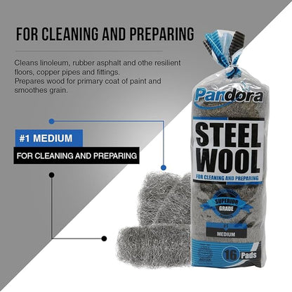 Pandora Steel Wool #1 – Medium Grade, 16 Pads for Cleaning and Preparing- Quality Metal Strands - Ideal for Linoleum Floors, Bowling Balls, and Shoe Soles