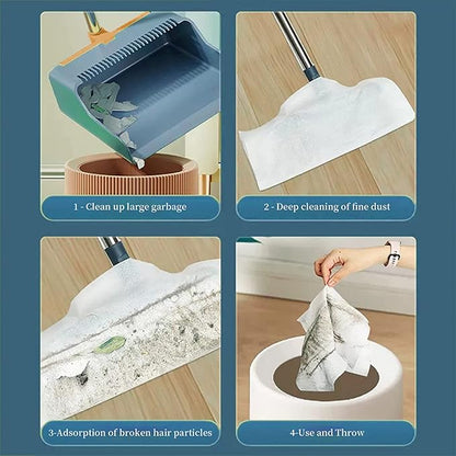 30'' Broom and Dustpan Set for Home with Scraping Teeth and Scraper, 180° Rotatable Long Handle Broom with Stand Up Dustpan Combo Set for Office Home Kitchen Lobby Floor, House Warming Gifts (Blue)