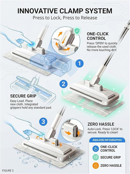 Hands-Free Multi-Purpose Flat Mop – Lazy Cleaning & Face Towel Compatible 39in Long Handle Dust with Locking Head for Wall Bathroom Toilet Corners Multi-Surface