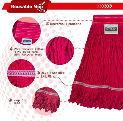 Heavy Duty Wet Industrial Cleaning Mop Head – 21 oz red mop Head Replacement Cotton Washable Industrial mop Heads Heavy Duty for Commercial & Home Cleaning（RED）