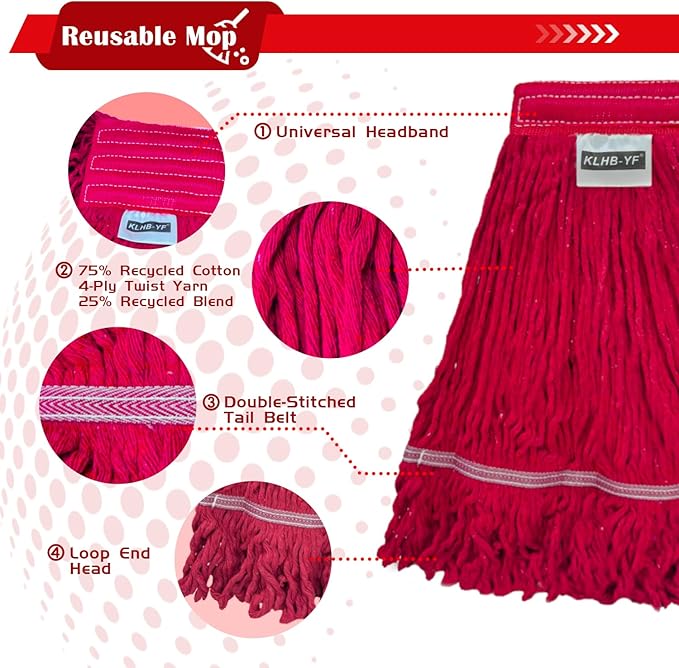 Heavy Duty Commercial String Mop Heads, 3 Pack Cotton Red Mop Head Replacement, Machine Washable Industrial Mop Head Refills for Janitorial, Restaurant, Warehouse & Office Floor Cleaning
