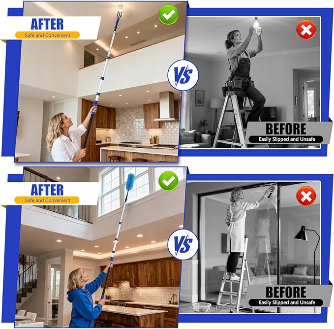 20FT Light Bulb Changer for High Ceilings with 5-12FT Heavy Duty Extension Pole,High Ceiling Fan Duster Extendable Reusable Cobweb,Feather,Window Cleaning Squeegee Kit for Home & House,Interior Roof