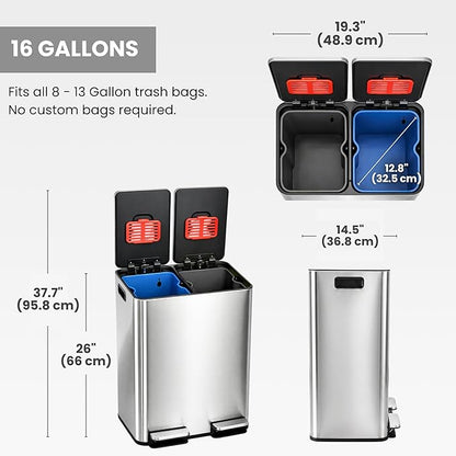 iTouchless SoftStep 16 Gallon Dual Compartment Kitchen Trash Can and Recycle Bin with dual AbsorbX Odor Filters, 60L Stainless Steel Step Garbage Can, Soft-Close Lids, Color-Coded Buckets (Black/Blue)