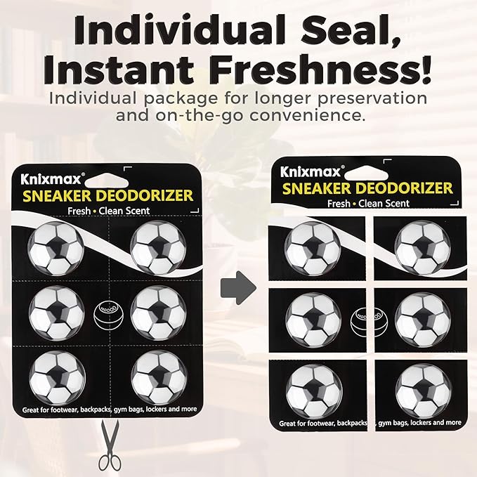 Knixmax Shoe Deodorizer Balls Strong, Odor Eliminator for Sneaker Gym Bag Closet Locker, Work Boot Drawer Freshener, Unpleasant Smell Remover Ball for Men Women Teens, 6 Packs Fresh Linen Soccer