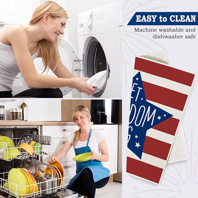AnyDesign Patriotic Swedish Dishcloths American Flag Star Stripe Kitchen Dish Towel Reusable 4th of July Cotton Dish Cloth for 250th Anniversary Independence Day Home Party Cleaning, 7 x 8, 6 Pcs
