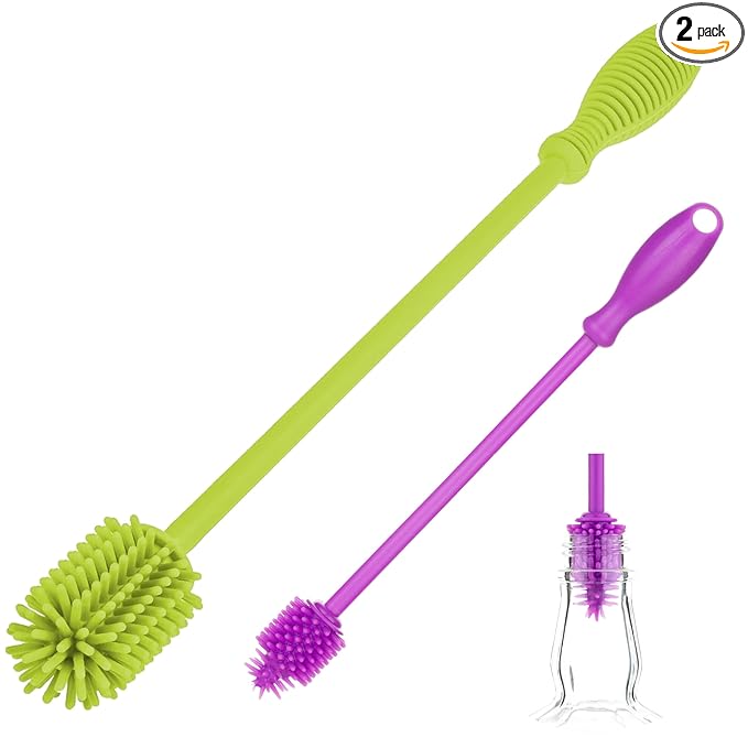 A-Brush Silicone Bottle Cleaner Brush, 2 Piece Set, Flexible, Long Handle - Water Bottle Cleaner, Baby Bottle Nipple Brush for Plastic & Glass, BPA-Free Dish Washing Brush A2S Protection