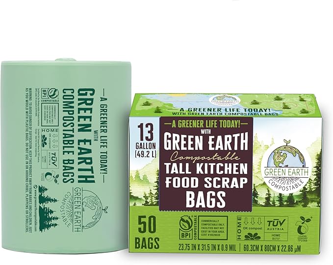 Green Earth Compostable Tall Kitchen Food Scrap Trash Bags, Compost Bin Compatible, 13 Gallon, 49 Liter, 100-Count, Superior Strength 0.9 Mil, ASTM D6400, BPI (US) & OK Compost Home (EU) Certified