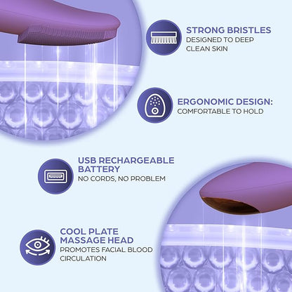 Bella Ciao 12-Speed Gentle Facial-Cleansing Brush, Rechargeable Silicone Face Scrubber, Deep-Cleaning and Exfoliating Face-Wash Brush, Water-Resistant Design, Purple