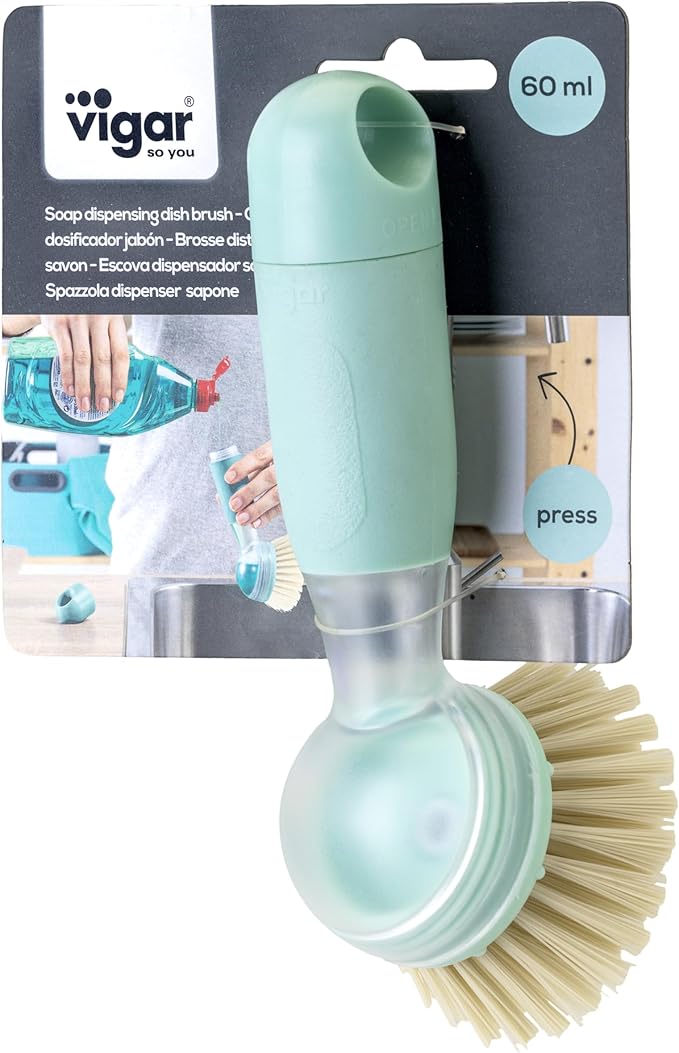 Vigar Rengo Dish Brush with Soap Dispenser - Dish Scrubber with Handle, Kitchen Scrub Brush for Dishes, Sink Cleaning Brush, Soap Dispensing Dish Wand with Nylon Bristles, Non Scratch - Turquoise