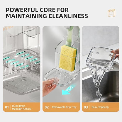 Minimalist Sponge Holder for Kitchen Sink, 3 Slots Sink Caddy with Removable Divider and Drip Tray, Clear PET Countertop Organizer to Free up Kitchen Sink Space