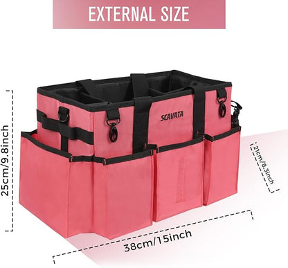 SCAVATA Wearable Cleaning Caddy Bag, Cleaning Caddy Supplies Organizer with Handle & Shoulder Straps for Housekeepers, Under Sink & Car Cleaning Tool Organizers with 4 Foldable Divider (RoseRed)