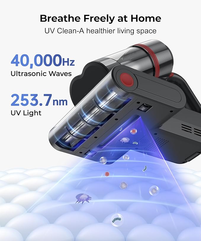 Abolee Bed Vacuum Cleaner, 6-in-1 Mattress Vacuum Cleaner Bed Vacuum Cleaner with UV-C Light & 15kPa Suction, Powerful Double-Cup Handheld Vacuum, Corded Handheld Vacuum for Dust, Silver-Gray