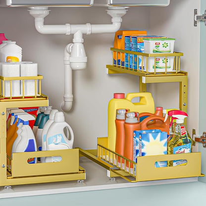 Saydear Under Sink Organizer, 2-Tier Premium Metal Pull-Out Racks with Adjustable Height, Heavy Duty Sliding Bin for Bathroom and Kitchen Cabinet Storage, Rust Resistant 2 Pack