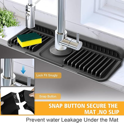 14.6-Inch Kitchen Sink Splash Guard Mat | 7° Slope for Fast Self-Draining | Snap-Lock Design | Universal & Cuttable Silicone Faucet Mat BLACK