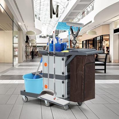Commercial 3-Shelf Janitorial Cart with 2 Cabinet,Commercial Cleaning Cart on Wheels with Cover, Shelves, and Oxford Bag, Housekeeping Cleaning Caddy Service Carts for School Hotel Apartment
