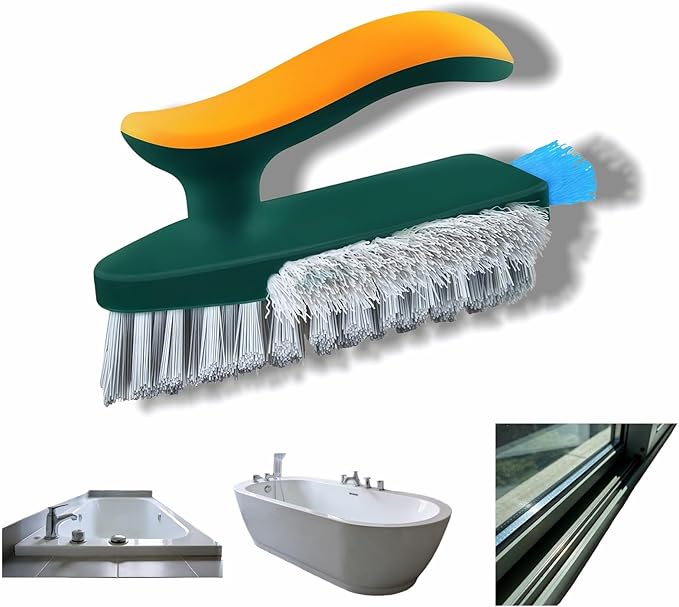 Multifunctional Tile Grout Cleaning Brush with V-Shaped Bristles, 180° Rotating Head, Rubber Wiper Strip, Green and Yellow