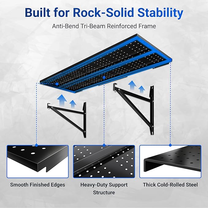 FLEXIMOUNTS 2-Pack 1x6ft Garage Shelving 14-inch-by-68-inch Perforated Wall Shelf, Heavy Duty Garage Storage Rack with 1400 lbs Load Capacity, Wall Mounted Organization System for Tools, Heavy Bins