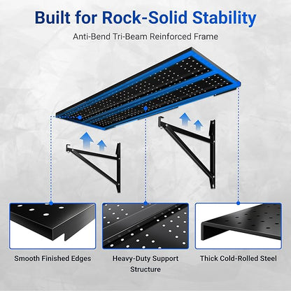 FLEXIMOUNTS 2-Pack 1x3ft Garage Shelving 14-inch-by-34-inch Perforated Wall Shelf, Heavy Duty Garage Storage Rack with 700 lbs Load Capacity, Wall Mounted Organization System for Tools, Heavy Bins