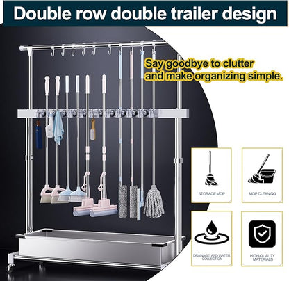 SARKEY Mobile Broom Mop Holder,Mop Broom Organizer With Wheels,Freestanding Cleaning Tool Holder For Home,Drip Tray,Top Hanging Hooks,For Garage,Garden,Schools,Hotels(97x50x185cm(38x20x73in))