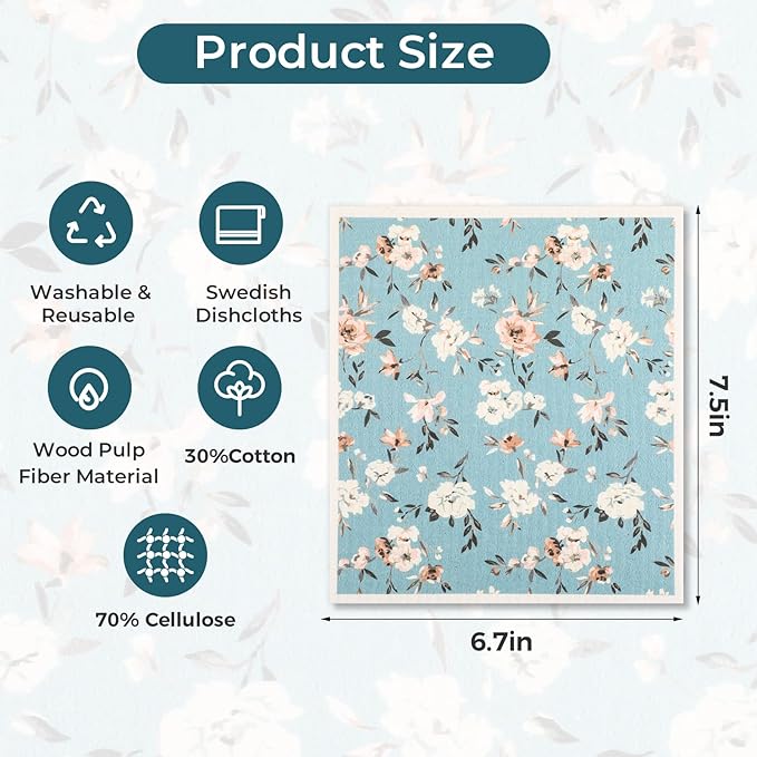 wlich 5PCS Swedish Dishcloths for Kitchen, Reusable Dish Rags for Washing Dishes with Clips, Non-Scratch Kitchen Towels and Dishcloths Sets, Washable Swedish Dish Cloths, No Odor(Plant)