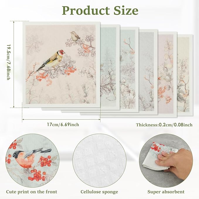 6Pcs Swedish Dishcloths for Kitchen, Quick-Drying Reusable Paper Towels, Absorbent Washable Kitchen Dish Rags, Soft Cellulose Sponge Cloths for Countertop Sink Flower Bird (6pcs Chinese Style Birds)
