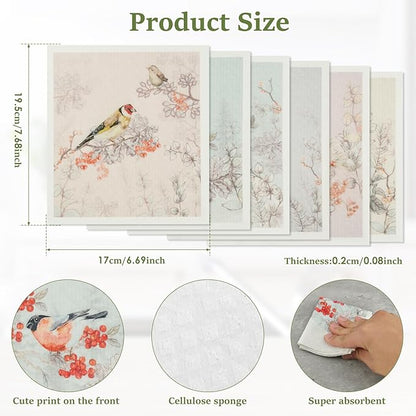 6Pcs Swedish Dishcloths for Kitchen, Quick-Drying Reusable Paper Towels, Absorbent Washable Kitchen Dish Rags, Soft Cellulose Sponge Cloths for Countertop Sink Flower Bird (6pcs Chinese Style Birds)