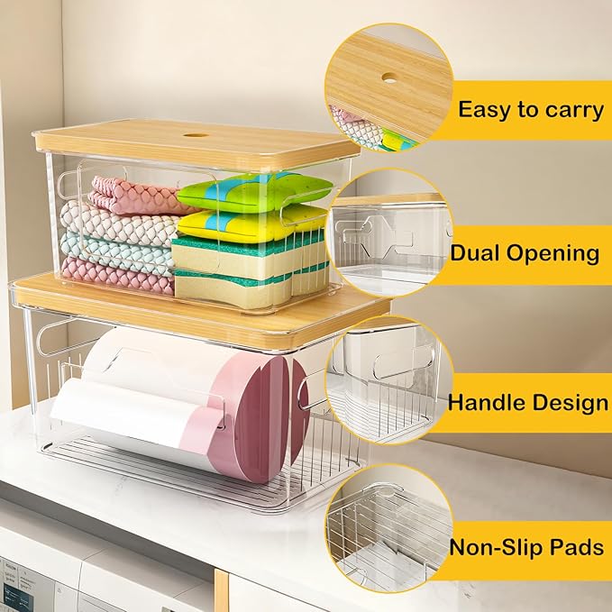 2 Pack Trash Bag Holder with Bamboo Lid, Stackable Garbage Bag Dispenser Under Sink, Storage Organizer for Kitchen, Laundry, Pantry