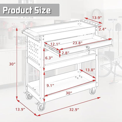 3 Tray Rolling Tool Cart with Drawers, 400 LBS Capacity Mechanic Tool Cart on Wheels, Heavy Duty Utility Cart with Pegboard for Garage, Warehouse and Repair Shop, Red