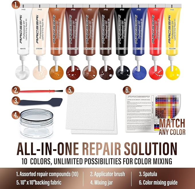 Leather Repair Kit for Furniture, Sofa, Jacket, Car Seats and Purse. Vinyl Repair Kit. Super Easy Instructions to Match Any Color, Restore Any Material, Bonded, Italian, Pleather, Genuine
