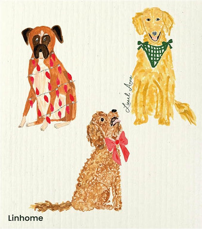 Christmas Holiday Swedish Dishcloth, Cats & Dogs Collection, Reusable Paper Towel, Super Absorbent Cellulose Sponge, Washable Kitchen Cleaning Cloth (Jolly Dog Trio - 1 Pack)