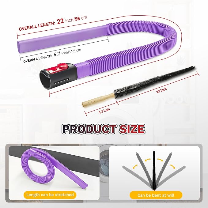 2 Pieces Dryer Vent Cleaner Kit, Universal Vacuum Attachment with Flexible Lint Brush & Vacuum Hose, Fits Most Vacuums for Dryer Lint Removal, Fire Prevention, Home Appliance Cleaning