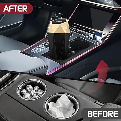 Car Trash Can with Lid, Mini Car Trash Cup with 30 Additional Trash Bags, Car Accessories for Interior, Leakproof Vehicle Garbage Bin for Car, Home, Office - 2 Packs, Gold