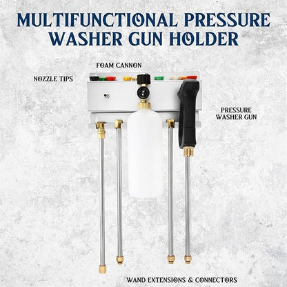 DoubleFill Pressure Washer Gun Holder, Wall Mount Foam Cannon Holder, Car Wash Accessories Organizer for Wand/Nozzle Tips, 1/4'' Pressure Washer Accessories Storage Rack (Silver)