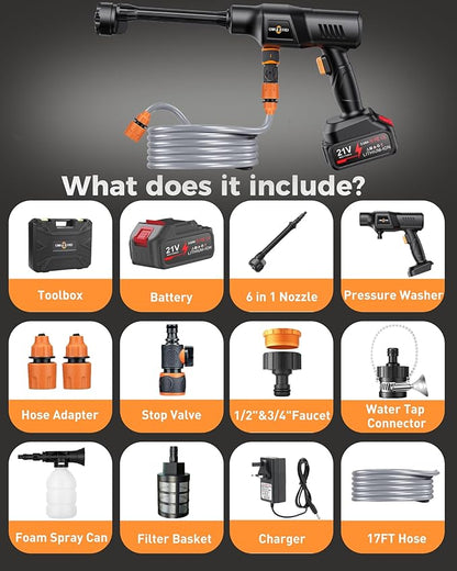Cordless Car Washer 1250PSI Cordless Car Washer with 6-in-1 Nozzle, 17FT High-Elastic Hose,Home Portable Handheld Car Washer Cleaner