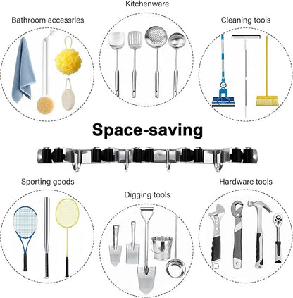 5 Racks and 4 Hooks Mop and Broom Holder Wall Mount, SUS304 Heavy Duty Broom Organizer Storage Tool Racks, Self Adhesive Solid Non-slip Tool Hangers for Home Kitchen Garden Laundry Garage