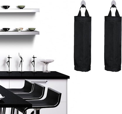 Mesh Garbage Bag Sulimy Plastic Bag Holder Dispensers 2pcs Folding Hanging Storage Trash bags Holders Organizer Recycling Grocery Pocket Containers with 2 Hooks for Home and Kitchen Black