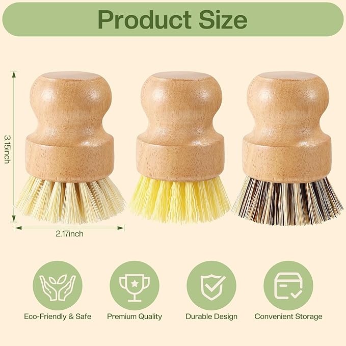 Wooden Dish Brush with Metal Stand Handheld Bamboo Wok Brush Scrubber for Dishes Pans Pots Fruit and Veggie Washing(3,Beige Brown Yellow)