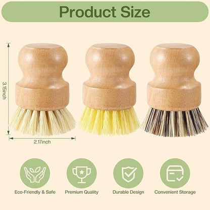 Wooden Dish Brush with Metal Stand Handheld Bamboo Wok Brush Scrubber for Dishes Pans Pots Fruit and Veggie Washing(3,Beige Brown Yellow)