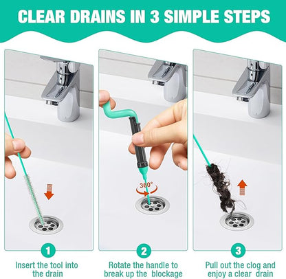 55inch Steel Core Drain Clog Remover Tool With Rotating Handle, Slim Snake Drain Hair Removal Tool For Narrow Pipes, Sinks, Showers, Toilets, Clears Hair, Blockages With Sink Drain Cleaner (5pcs)