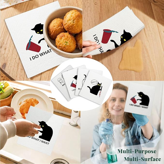 Cat Cute Swedish Dishcloths for Kitchen, Cat Dish Towels, Papaya Reusable Paper Towels, 4 Pack Dish Towels for Kitchen, Swedish Dish Cloths, Reusable Paper Towels Washable