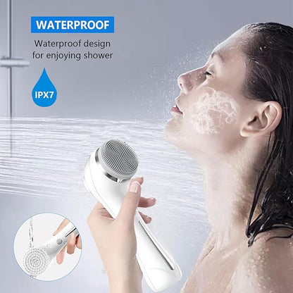 Facial Cleansing Brush, 2 in 1 Ｗaterproof IPx7 Facial Spin Scrubber Set with 4 Brush Heads, Rechargeable Exfoliating Face Brush Deep Cleansing, Gently Exfoliate and Remove Blackhead (White)