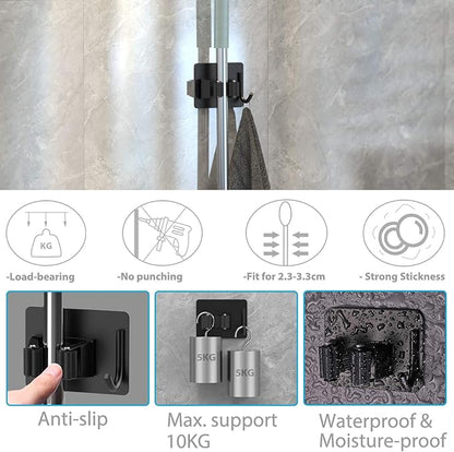 homeasy Mop Broom Holder No Drill, Mop Broom Organizer Wall Mounted Heavy Duty with Hooks Hanger, Self Adhesive Stainless Steel 4Pcs for Bathroom, Kitchen, Office (Black)