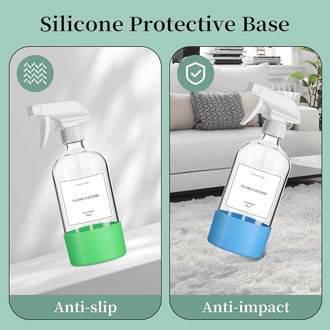 GIVAMEIHF 4 Pack Glass Spray Bottles with Silicone Sleeve,16oz Clear Glass Spray Bottles Refillable Empty Bottle with Adjustable Nozzle,Spray Bottle for Cleaning Solutions,Essential Oils,Pets,Hair