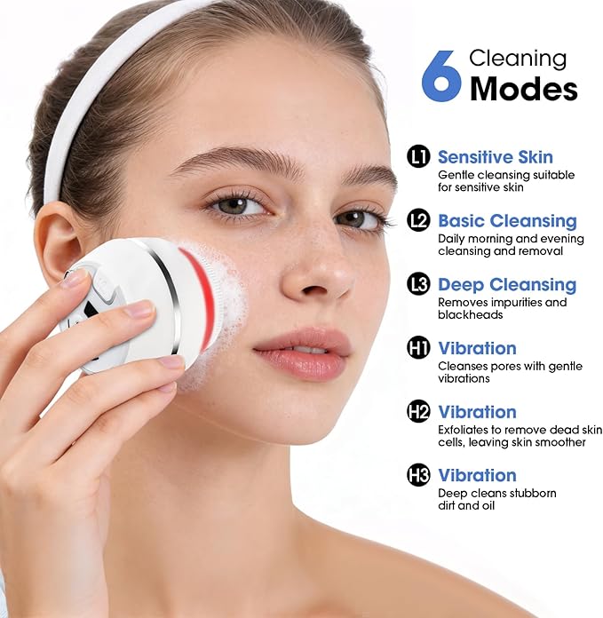 Electric Facial Cleaner with 6 Modes & 3 Light Effects, Rechargeable Waterproof Face Scrubber for Women and Men, Includes Extra Brush Head, Easy-Clean Hanging Design (White)