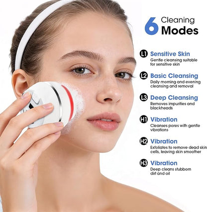 Electric Facial Cleaner with 6 Modes & 3 Light Effects, Rechargeable Waterproof Face Scrubber for Women and Men, Includes Extra Brush Head, Easy-Clean Hanging Design (White)