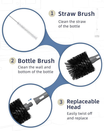 ROSEOK 2 in 1 Long Handle Bottle Brush with Straw Brush for Cleaning Glass, Sports Bottle, Coffee Mug, Gray, 1 Pack
