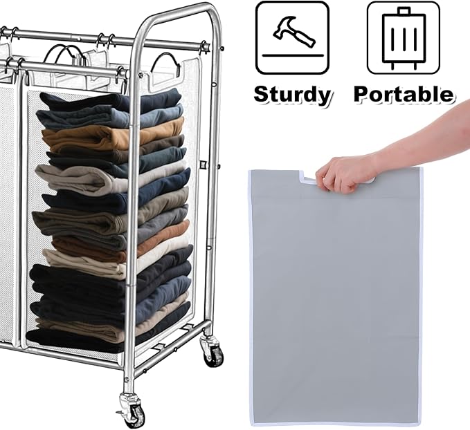 3 Pcs Large Laundry Sorter Replacement Bags, Hamper Cart Removable Replacement Laundry Storage Organizer Bag Hamper Liner for Dirty Clothing, Gray 15" x 8.7" x 22.4"